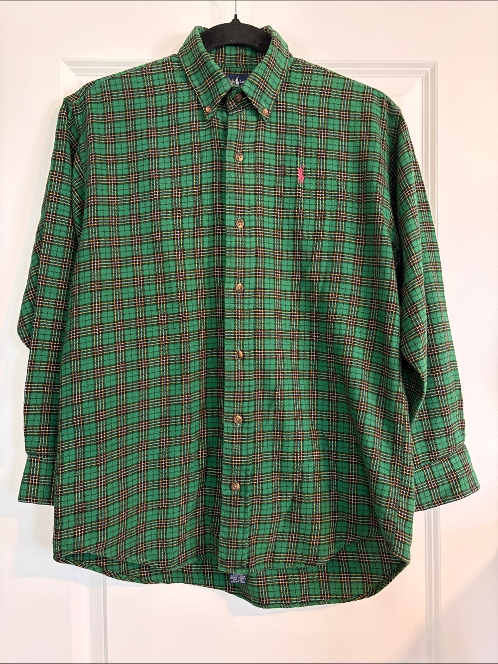 Vintage Ralph Lauren Boys Medium Green Plaid Button Down Shirt 100% Cotton